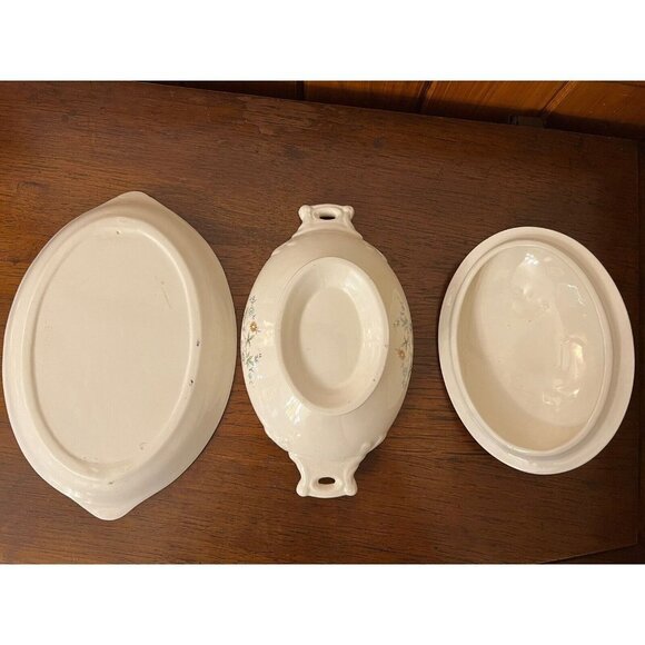 Vintage Ceramic Oval Dish Tureen With Lid With Plate Flower Design 7.5” x 5.5” - Picture 7 of 12